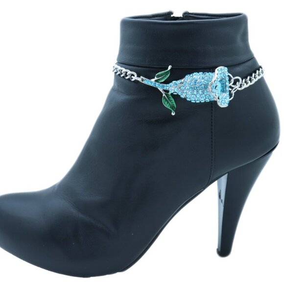 NEW Women Silver Metal Chain Boot Bracelet Shoe Anklet Sky Blue Flower Charm SET - Picture 13 of 17